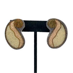 Vintage Mixed Media Kidney Shape Statement Earrings Earthy Neutrals Southwestern